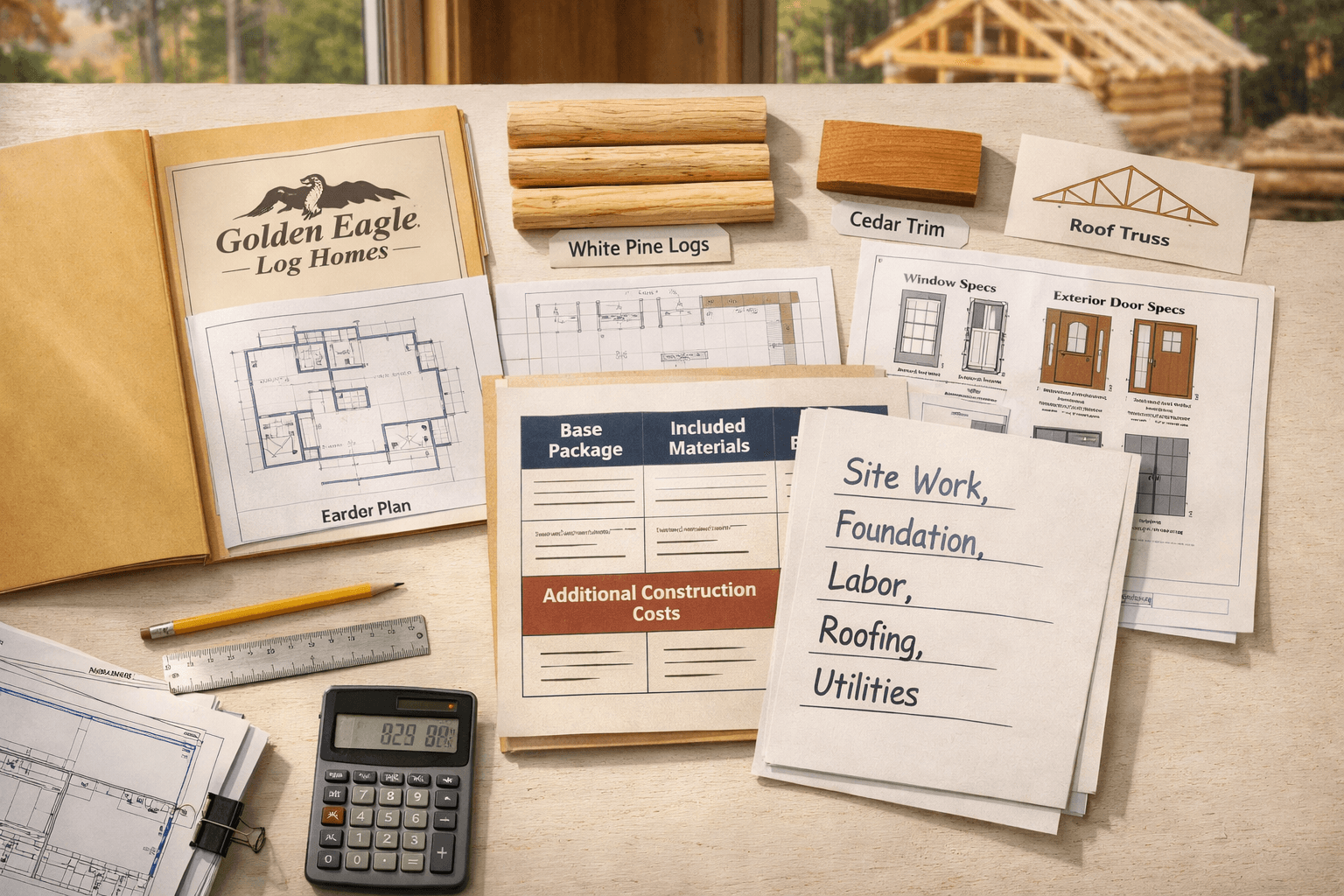 Flat-lay of golden eagle log homes plans, materials, and price breakdown beside separate site, foundation, labor, and utility costs.