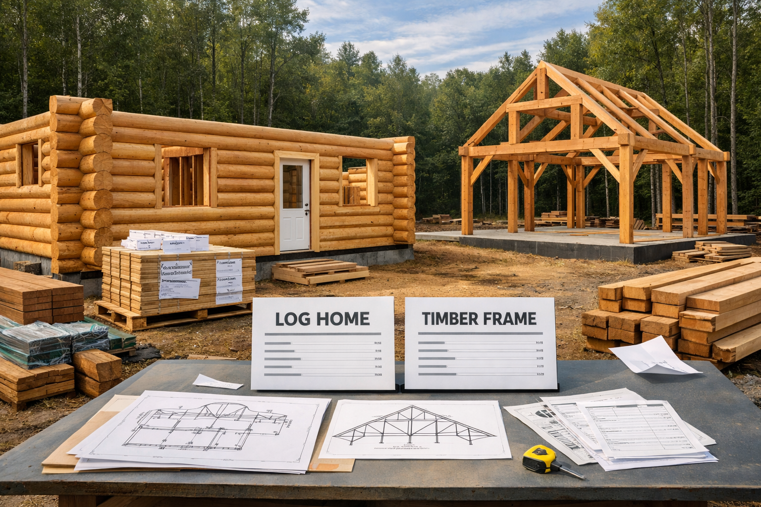 Wide woodland construction site comparing Golden Eagle Log Homes log walls with an open timber-frame structure, plans, and materials.
