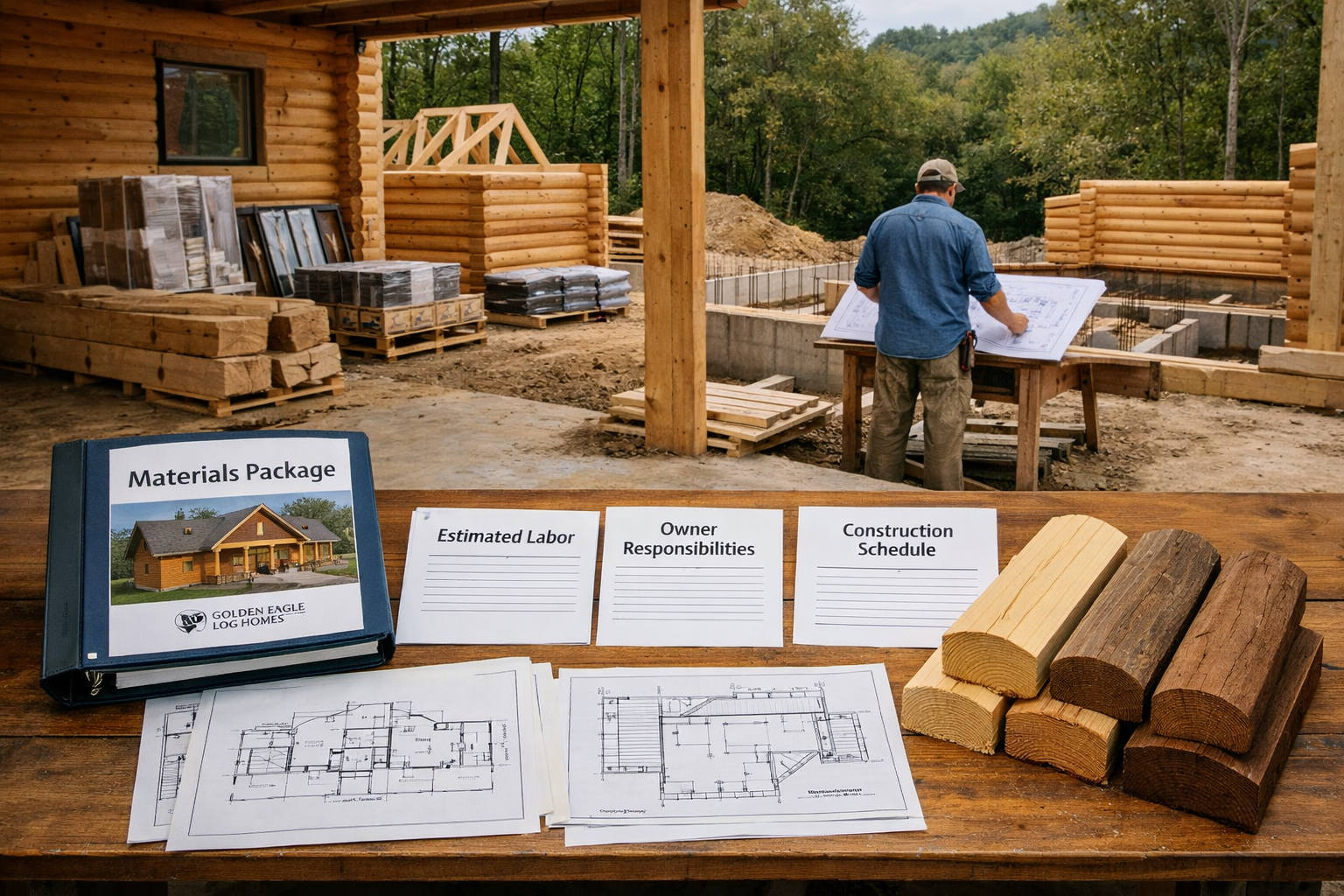 Worktable with plans, log samples, and construction materials contrasts kit assembly and DIY work at a golden eagle log homes site.