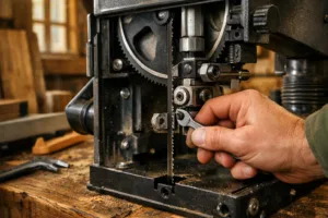 Macro view of a woodworker adjusting a stationary benchtop bandsaw blade with a wrench on a rustic workbench.