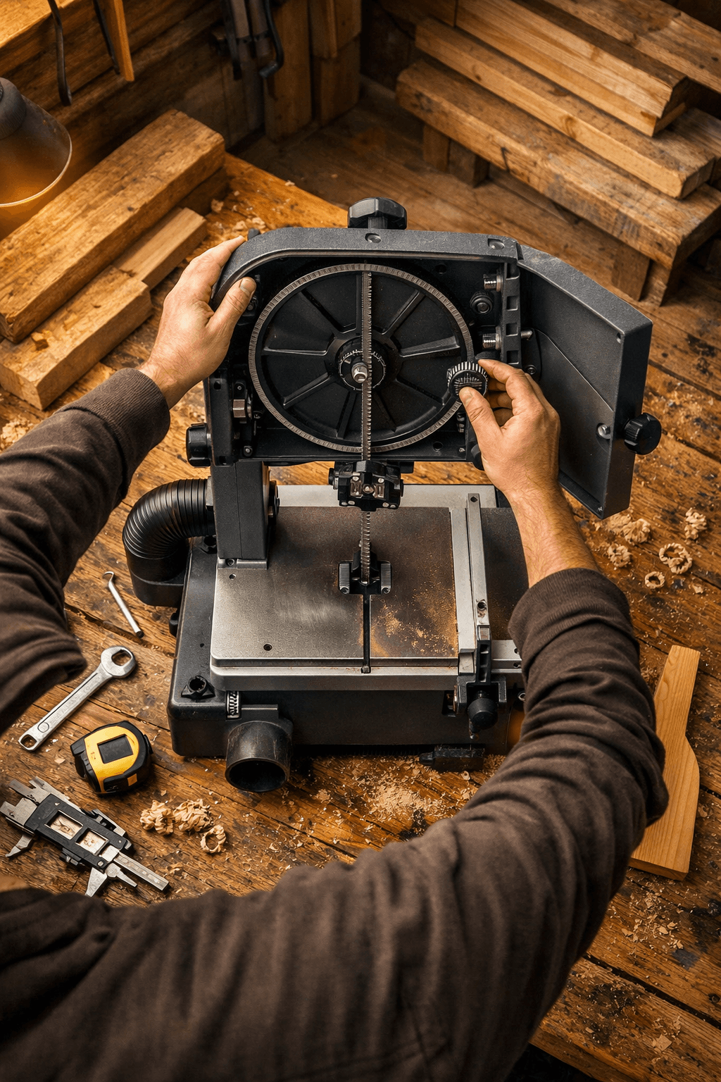 Overhead view of a woodworker adjusting a benchtop bandsaw on a rustic workbench with tools and lumber.