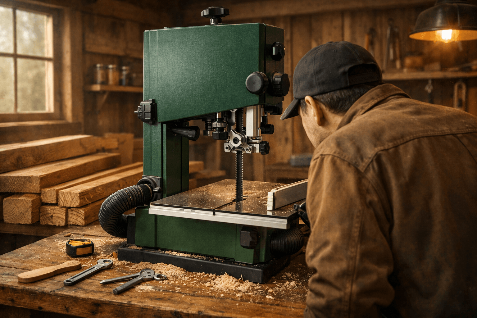 Woodworker inspects the blade guides of a benchtop bandsaw on a rustic cabin workshop bench.
