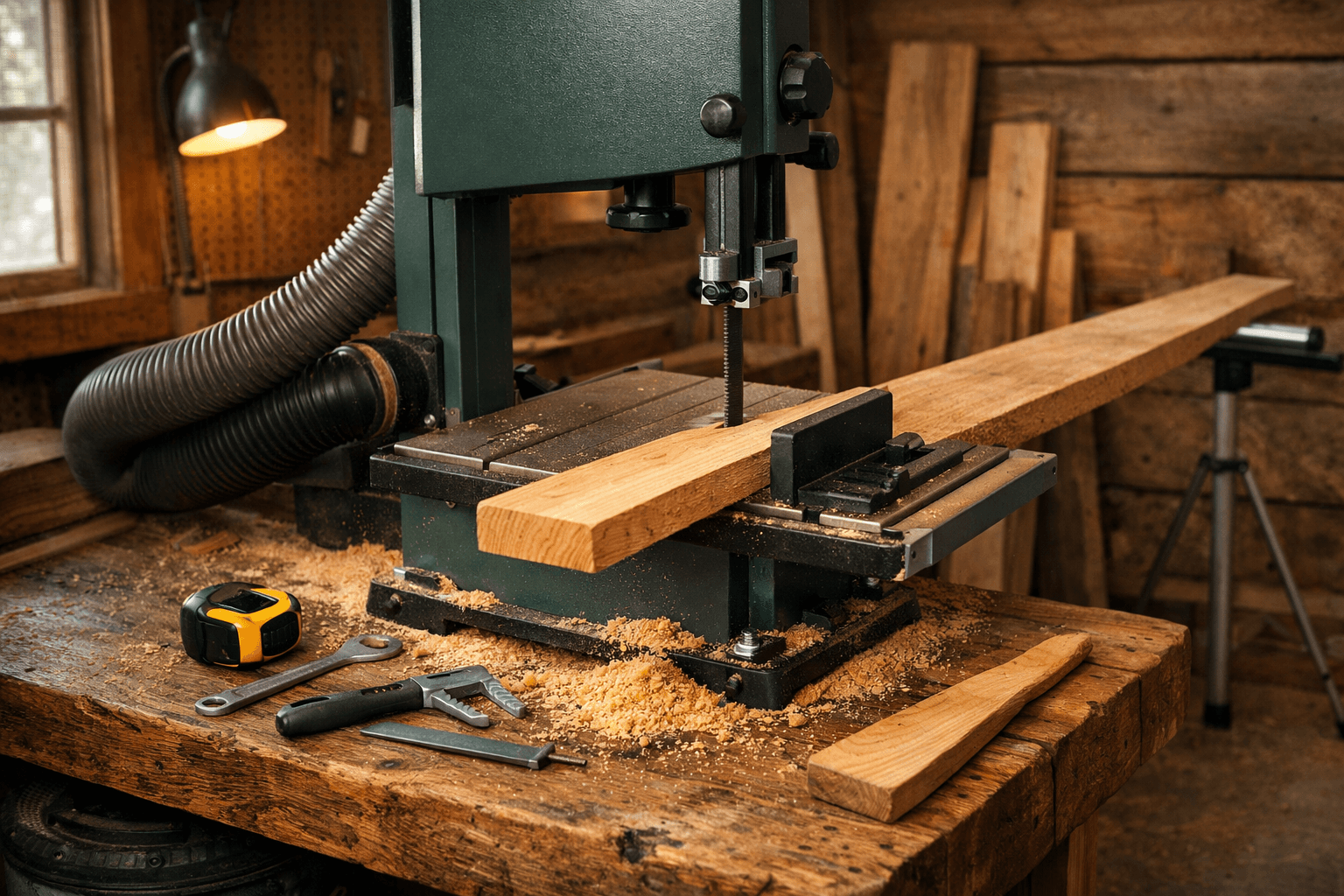 Benchtop bandsaw cutting a cedar board in a rustic cabin workshop, with dust hose, fence, tools, and roller support visible.