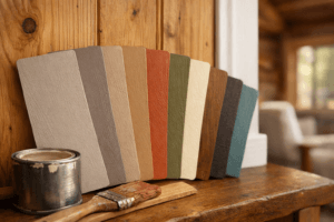 Painted color sample boards, brush, and paint can against pine paneling, showcasing best interior colors for houses.