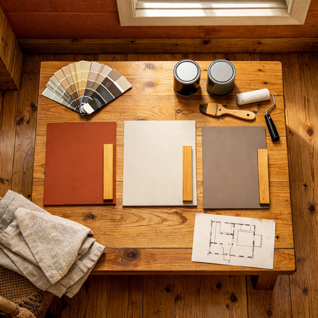 Overhead cabin room with terracotta, clay, and taupe samples beside pine trim and tools—best interior colors for houses.