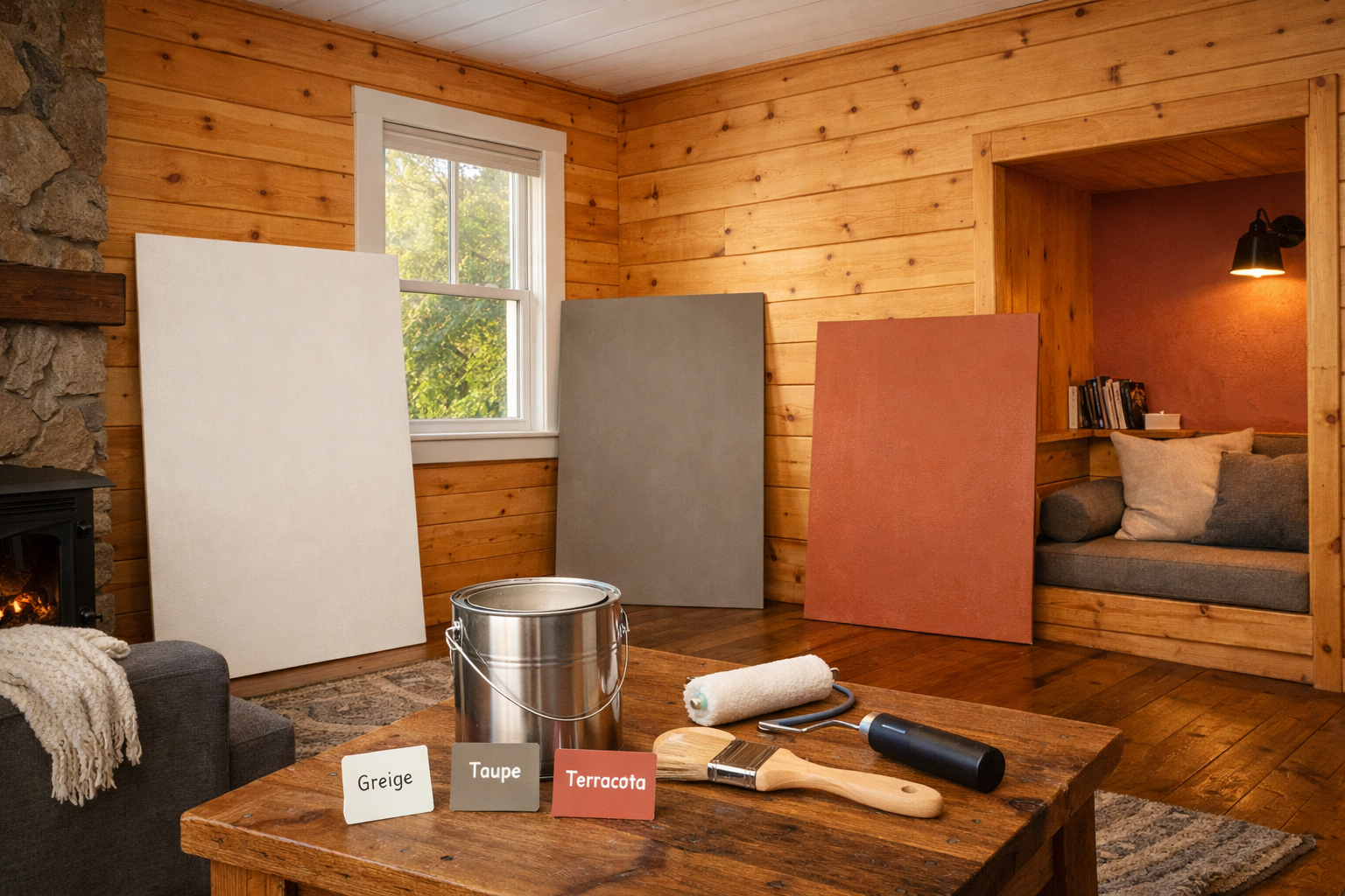 Cozy compact cabin living room with paint samples and supplies, showcasing best interior colors for houses beside honey pine walls.
