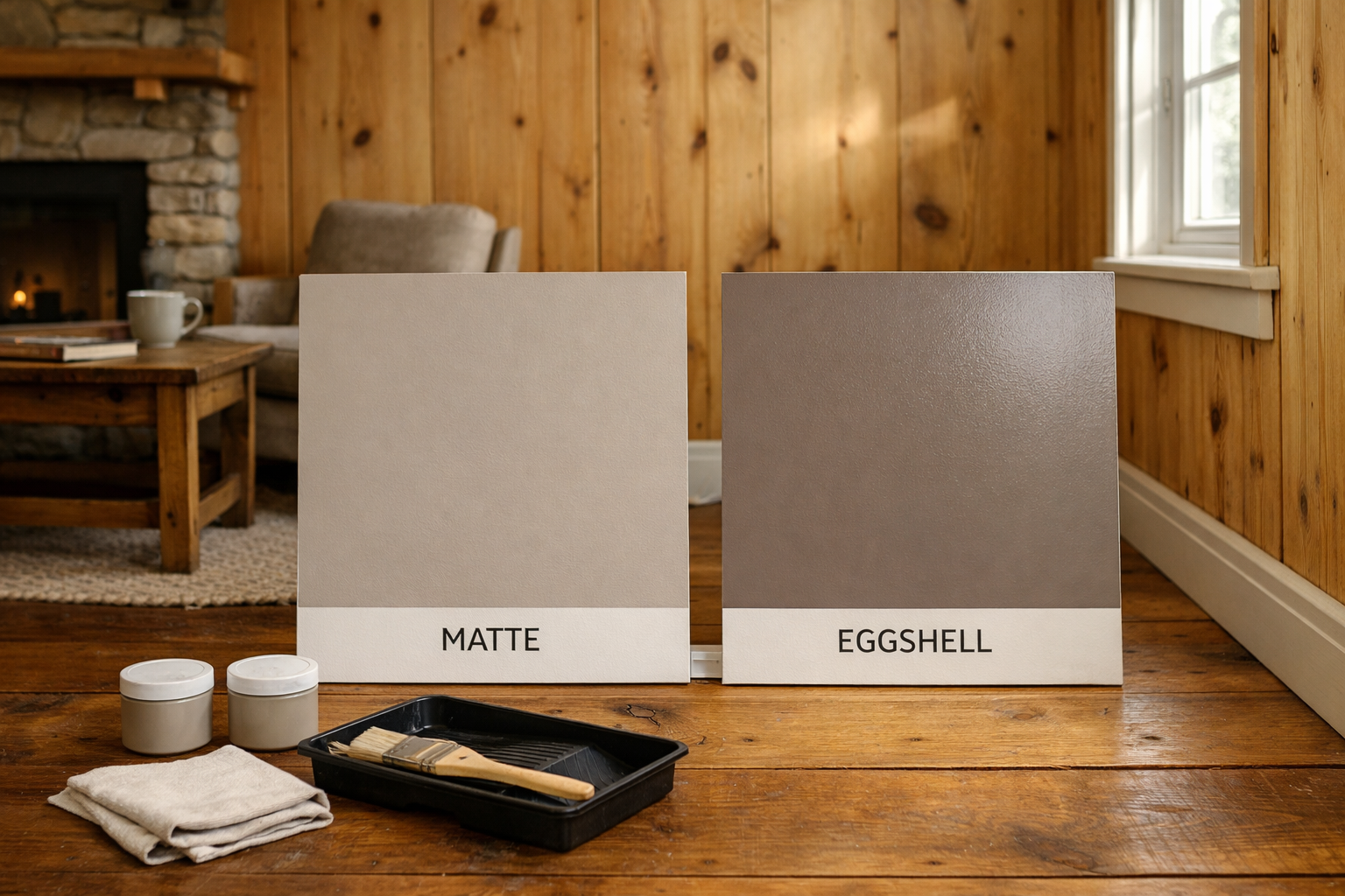 Matte and eggshell paint samples against pine walls, illustrating best interior colors for houses in cabin light.