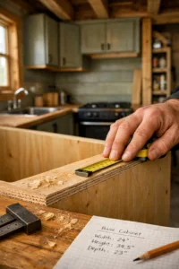 Hand measuring a plywood cabinet edge in a rustic cabin kitchen, with tools and plans visibleu2014kitchen cabinet woodworking
