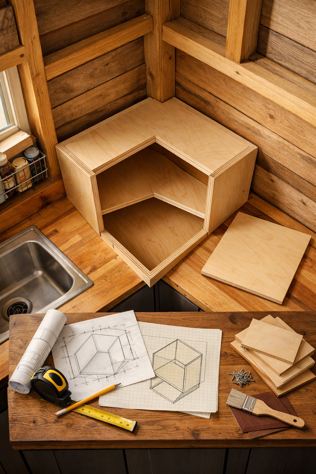 Bird’s-eye view of rustic corner kitchen cabinet woodworking with fixed plywood shelves, tools, plans, sink, and compact cooktop.