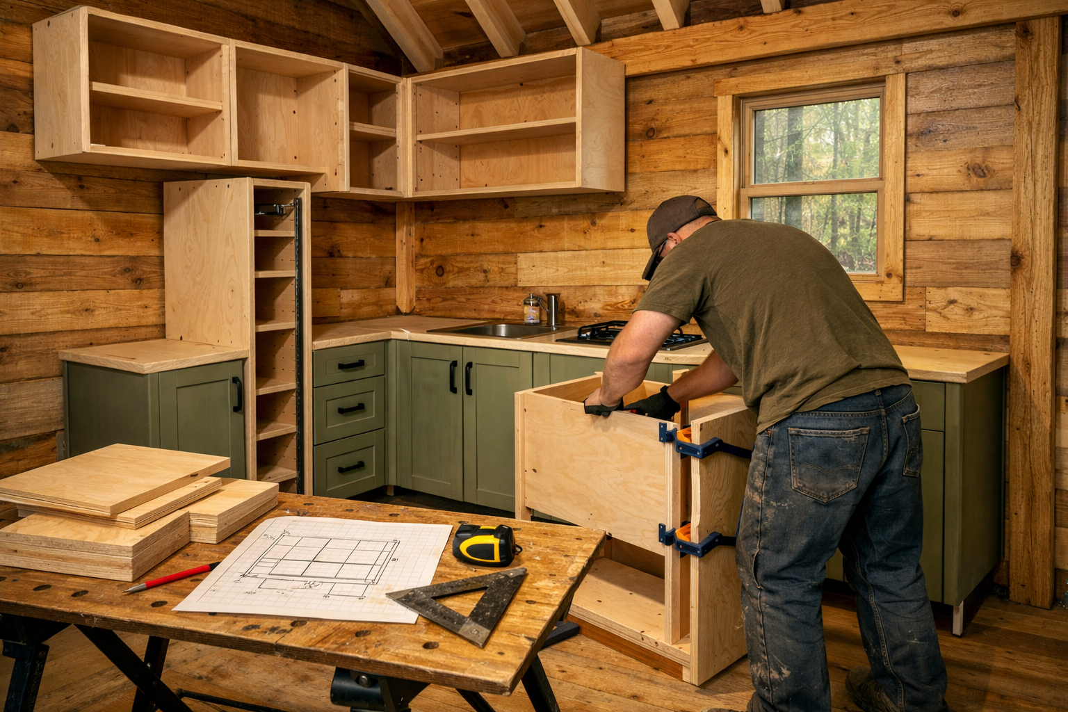 Wide rustic cabin kitchen with woodworker assembling plywood cabinets, tools and plans on a workbench, and finished sage-green cabinetry.