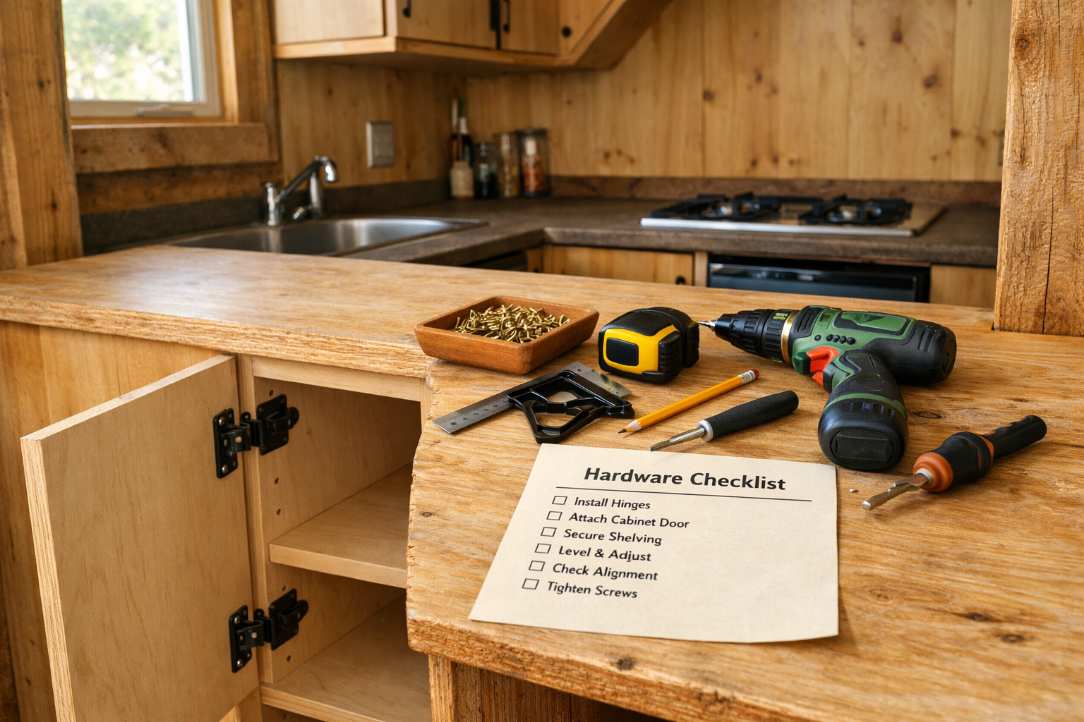 Kitchen cabinet woodworking in a rustic cabin shows an open plywood cabinet, black hinges, tools, screws, and hardware checklist.