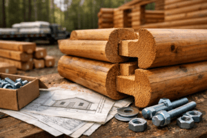 Macro view of interlocking honey-brown logs, bolts, plans, and hardware assembling log kit homes at a wooded cabin site.