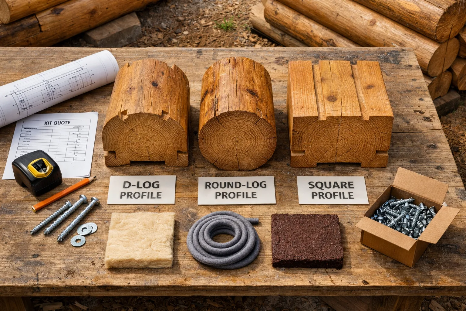 Flat-lay comparing D-log, round-log, and square-log profiles with cabin plans, tools, and insulation at a log kit homes site.