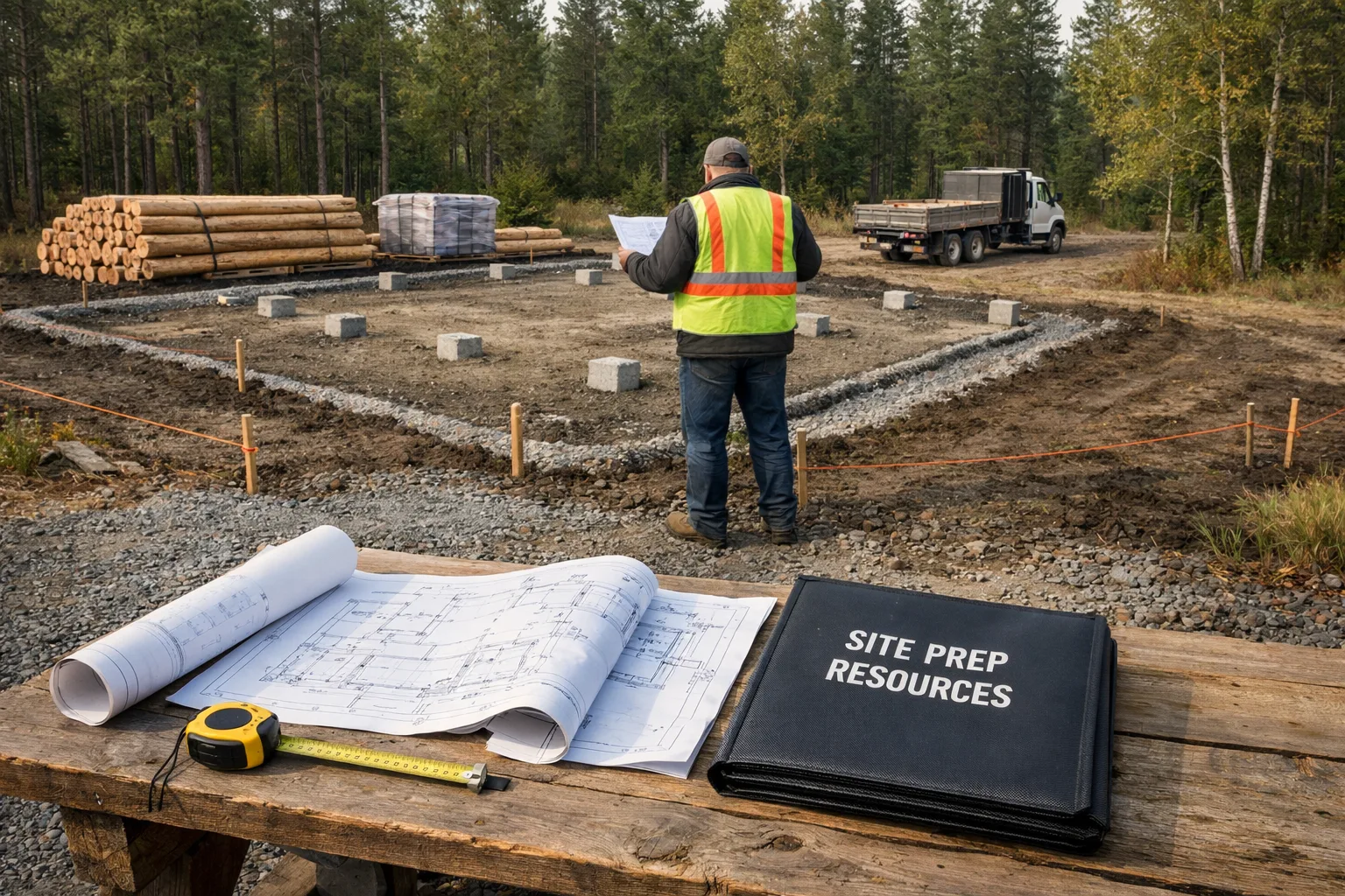 Rural log kit homes site with graded foundation, stacked logs, plans, survey stakes, and worker amid woodland.