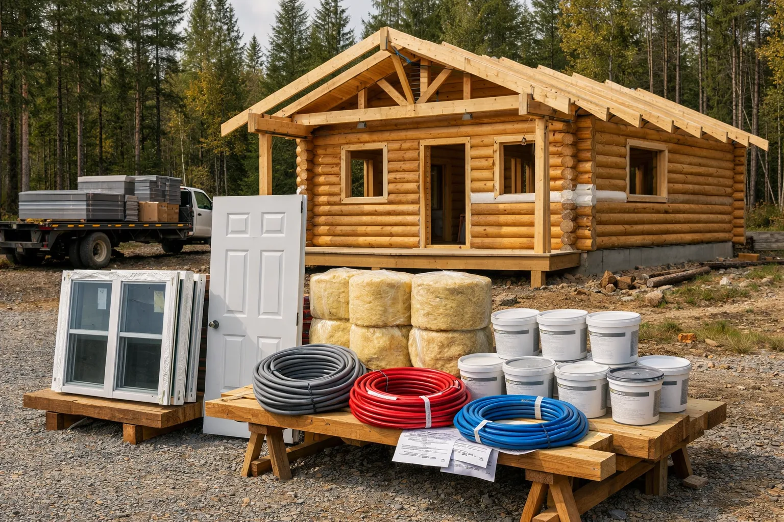 Log kit homes cabin shell with windows, insulation, chinking, conduit, and plumbing supplies at a wooded building site.