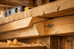 Close-up of interlocking wooden wall cleats supporting a rough-sawn cabin shelf, with visible screws, wood grain, and shavings.