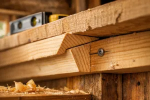Close-up of interlocking wooden wall cleats supporting a rough-sawn cabin shelf, with visible screws, wood grain, and shavings.