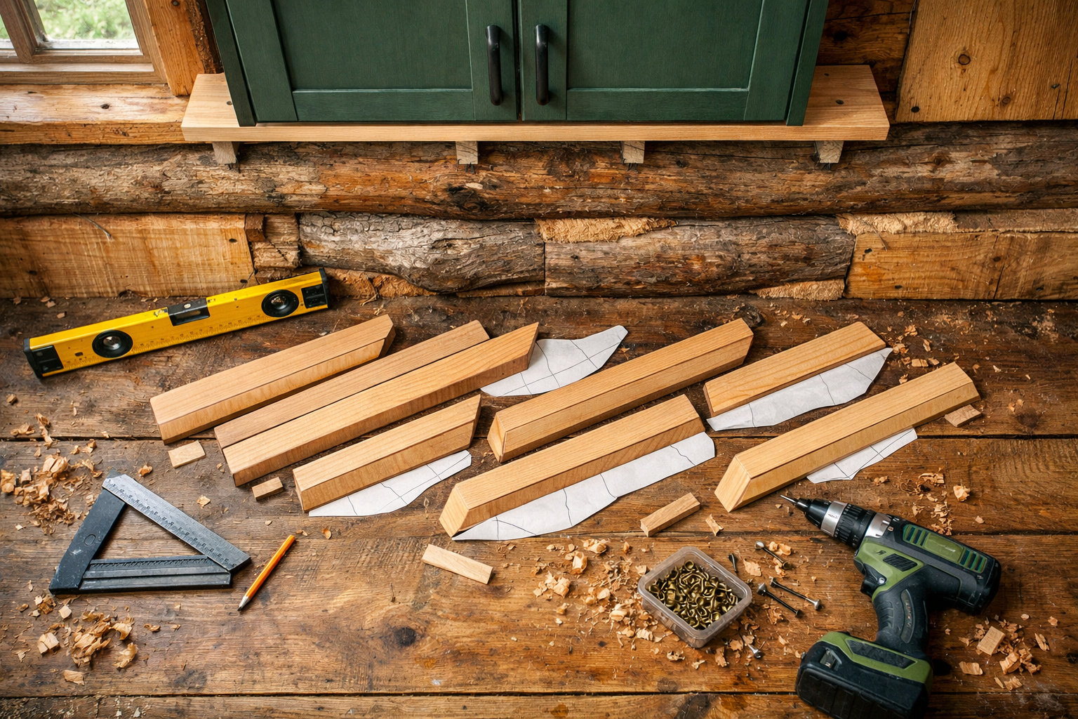 Overhead view of cabin wall cleats, beveled wood pieces, tools, shims, and shelf hardware arranged for custom storage installation.