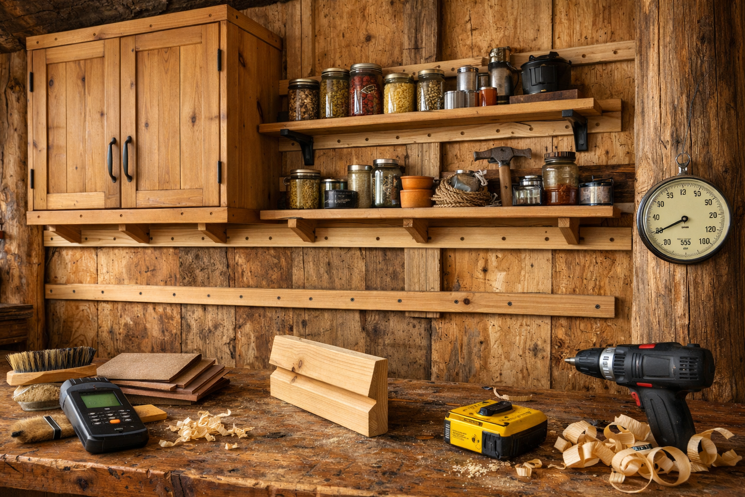 Rustic cabin storage wall with visible wall cleats, shelves, cabinet, tools, and weathered timber in warm daylight.