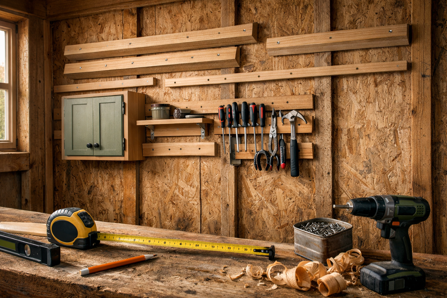 Rustic cabin workshop showing wall cleats, modular tool storage, beveled samples, hand tools, and measuring equipment on a workbench.