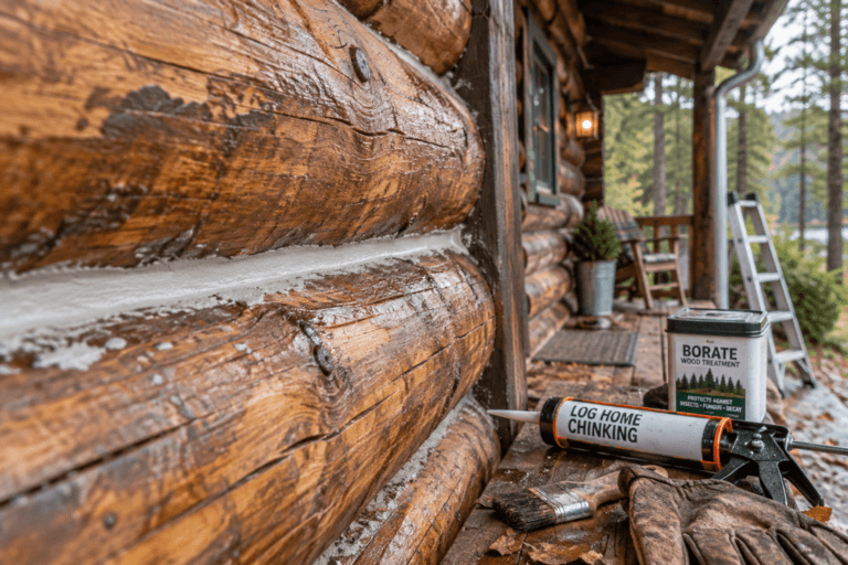 Close-up of fresh gray chinking between weathered logs with repair tools, illustrating maintenance on log cabins.
