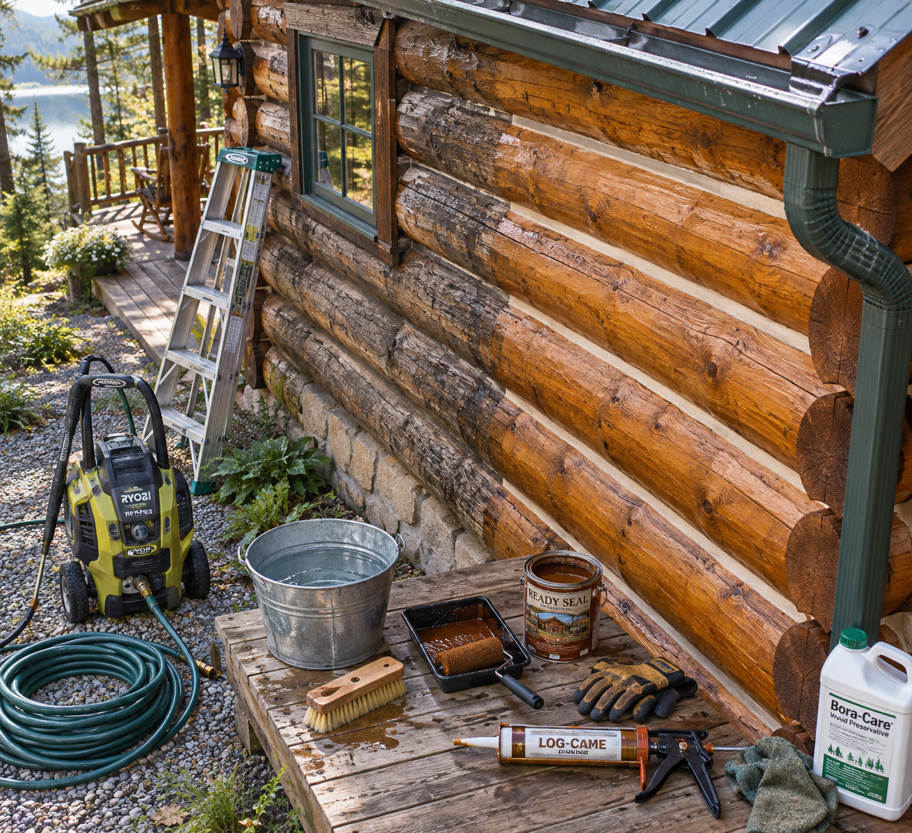 Overhead maintenance on log cabins: tools, hose, washer, and resealed honey-brown logs beside a rustic porch.