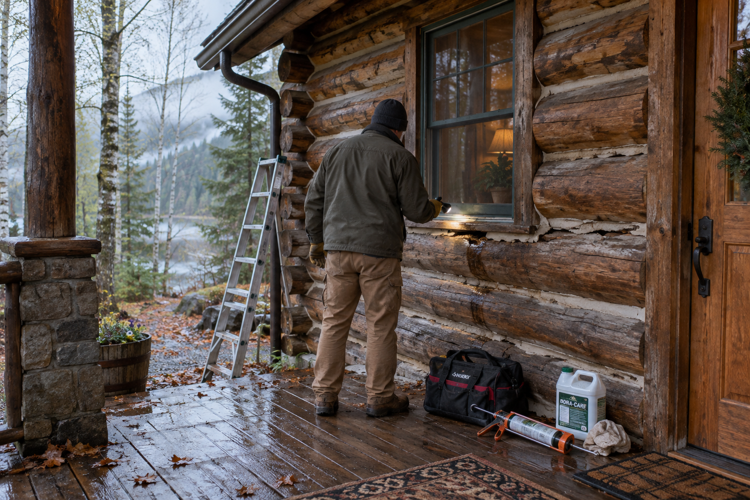Homeowner inspects deteriorated chinking beneath a cabin window during maintenance on log cabins in a misty woodland setting.