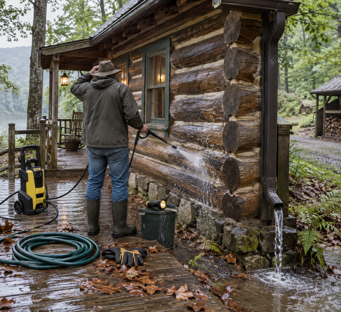 Homeowner pauses pressure-washing wet log walls as runoff pools by the foundation during maintenance on log cabins