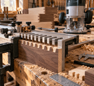 Close-up of a dovetail joint jig clamped to a drawer side beside fresh sockets, router, tools, and wood shavings.
