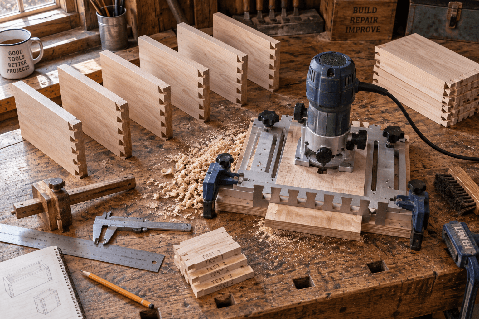 Overhead cabin workshop bench with paired dovetail boards, a dovetail joint jig, router, clamps, and woodworking tools.
