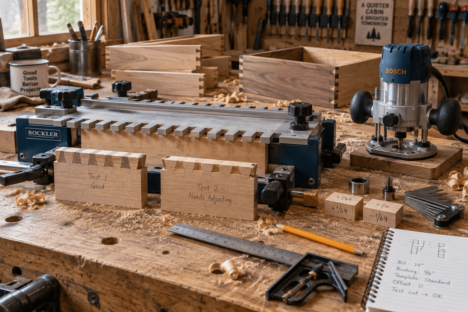 Cabin workshop bench with dovetail joint jig, router, measuring tools, and test boards showing precise and flawed drawer joints.