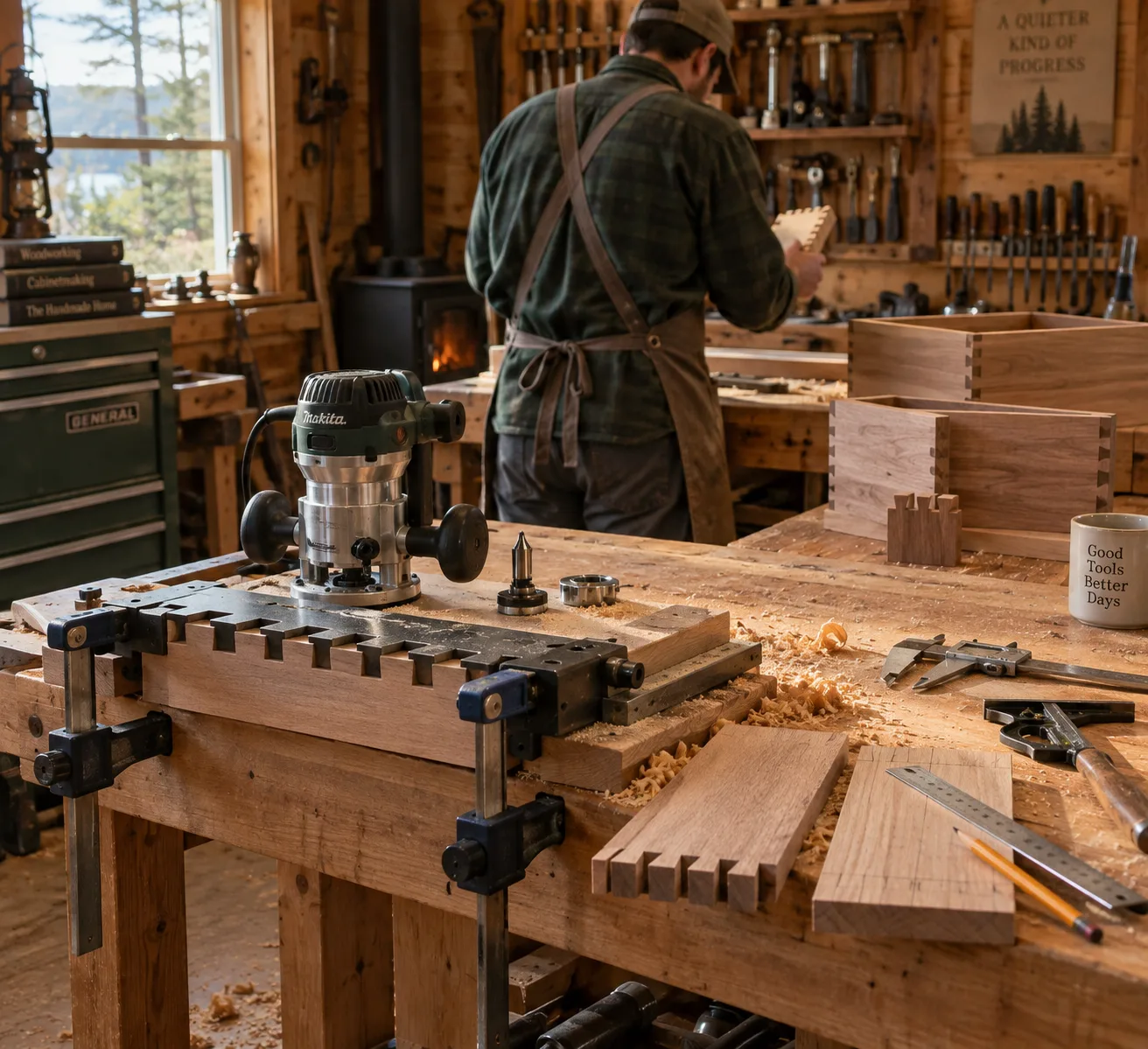 Woodworker inspects dovetail joint jig, test cuts, router, clamps, and drawer parts on a warm cabin workshop bench.
