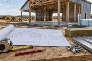 Macro of construction plans, tools, timber, and steel siding before a blurred post-frame barn shell; diy barn kit.
