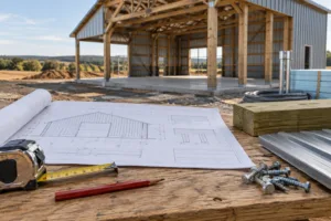 Macro of construction plans, tools, timber, and steel siding before a blurred post-frame barn shell; diy barn kit.