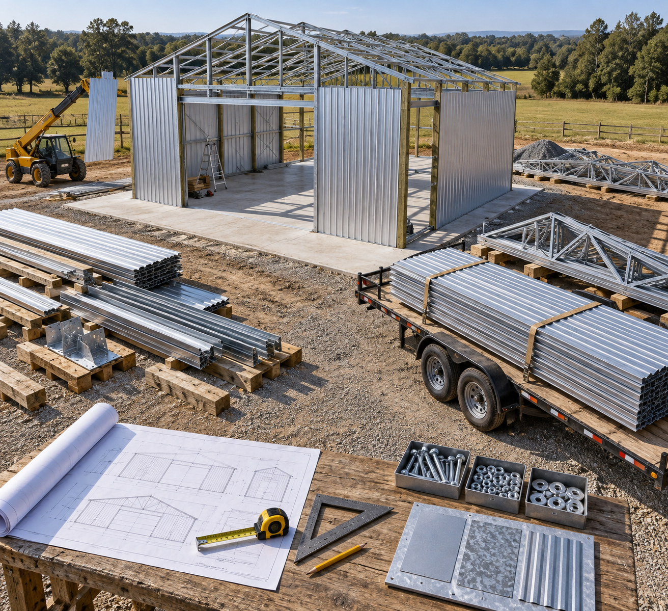 Overhead rural worksite with a partially assembled metal workshop, organized materials, and tools beside a concrete slab for a diy barn kit.
