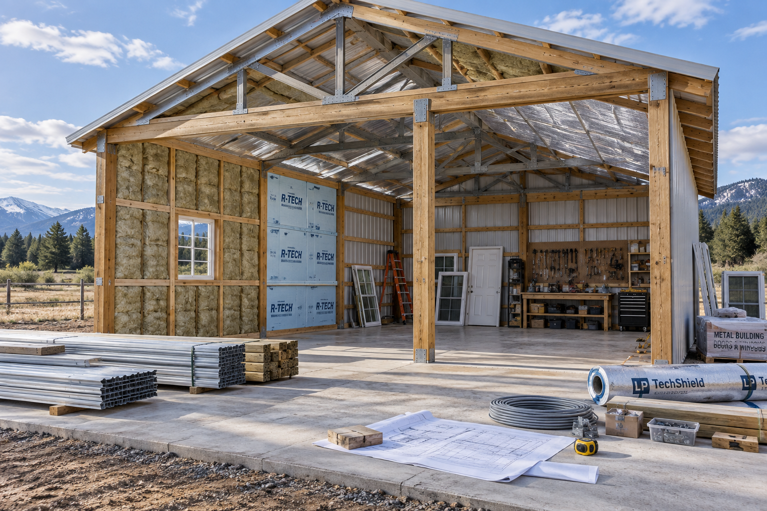 Partially assembled diy barn kit cabin workshop with exposed insulation, steel framing, supplies, and plans on a rural site.