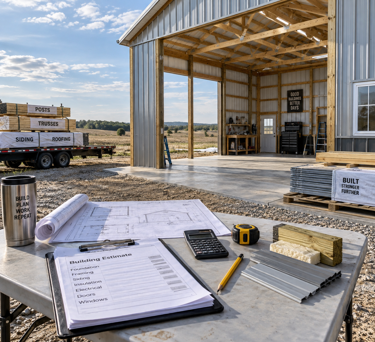 DIY barn kit workshop under construction on a rural concrete slab, with lumber, steel siding, trusses, and budget plans on a table.