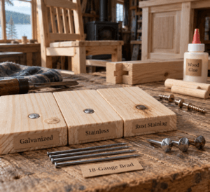 Extreme macro of labeled pine samples with galvanized, stainless, rust-stained, and 18-gauge brad nails for furniture.