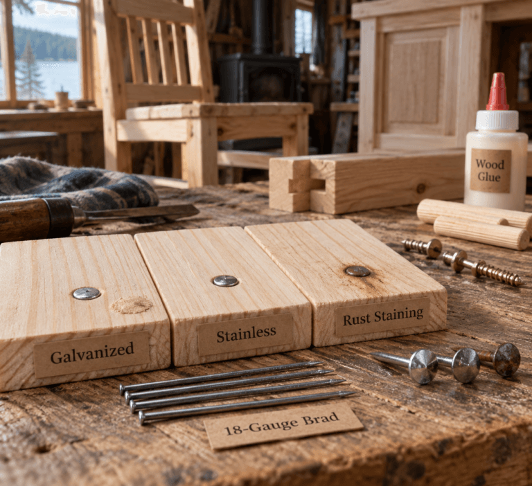 Extreme macro of labeled pine samples with galvanized, stainless, rust-stained, and 18-gauge brad nails for furniture.