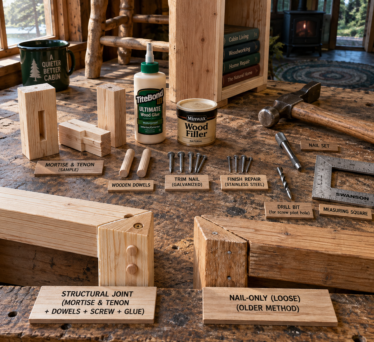 Overhead cabin workbench showing a repaired mortise-and-tenon cabinet corner, tools, wood samples, and nails for furniture.