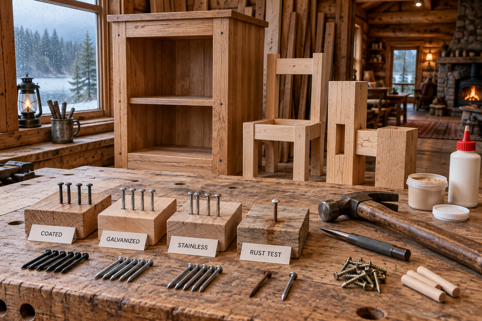 Rustic cabin workshop bench comparing nails for furniture, coated, galvanized, and stainless nails beside joinery tools.