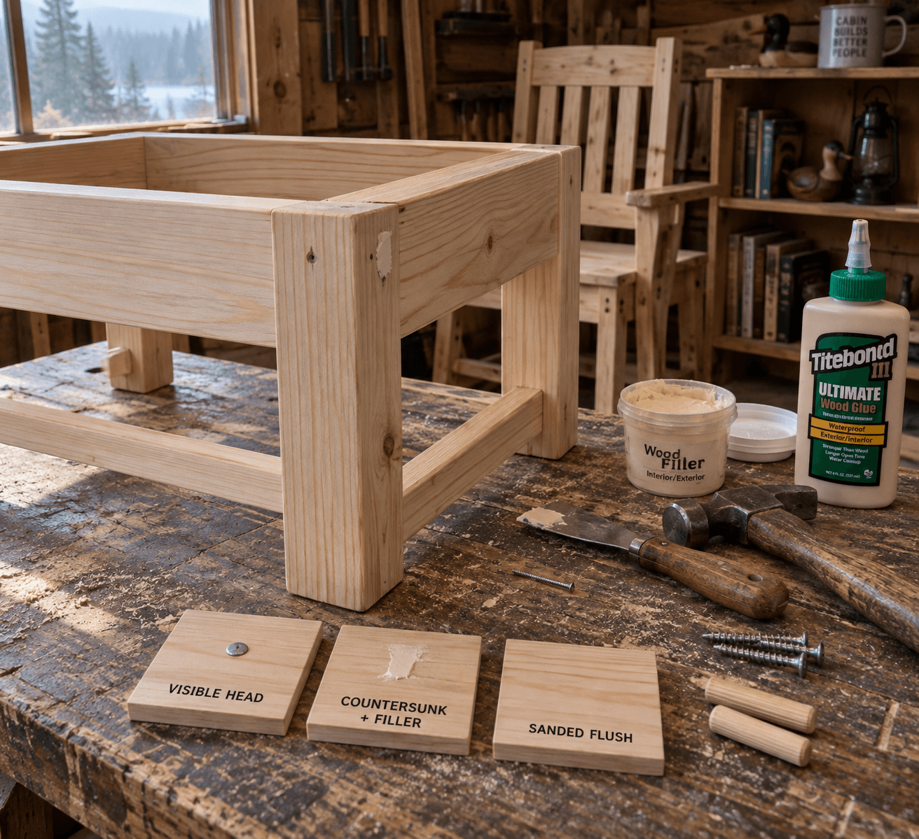 Woodworking cabin workshop shows nails for furniture: nail samples labeled visible, countersunk + filler, and sanded flush.
