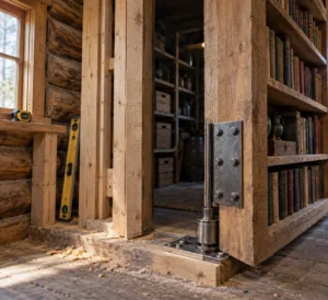 Macro view of a pivoting hidden door bookcase hinge, bolts, shims, sawdust, and dark timber storage room in a cabin wall.