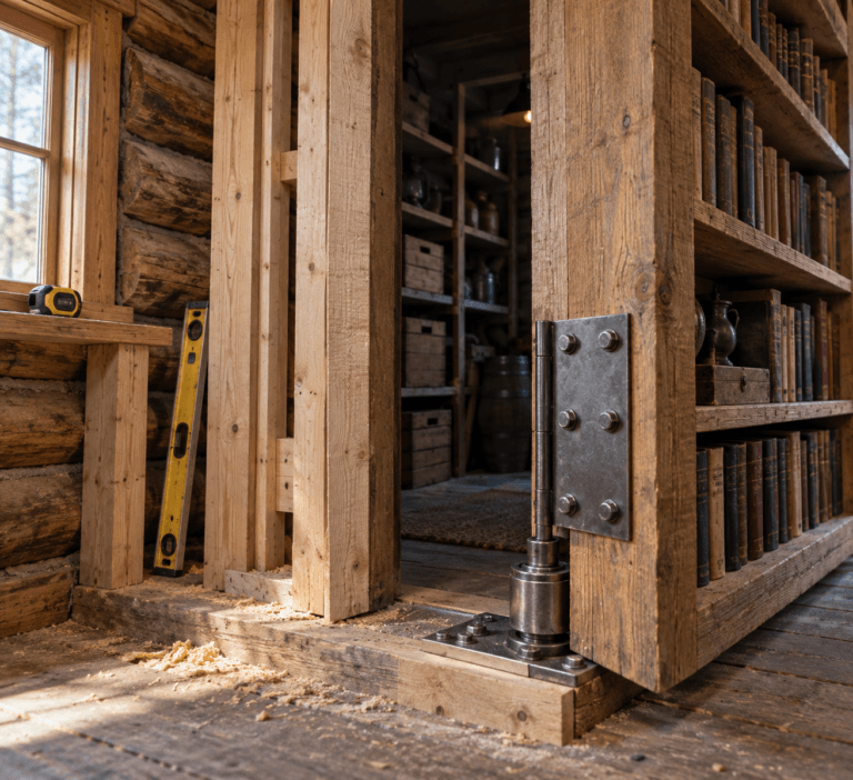 Macro view of a pivoting hidden door bookcase hinge, bolts, shims, sawdust, and dark timber storage room in a cabin wall.