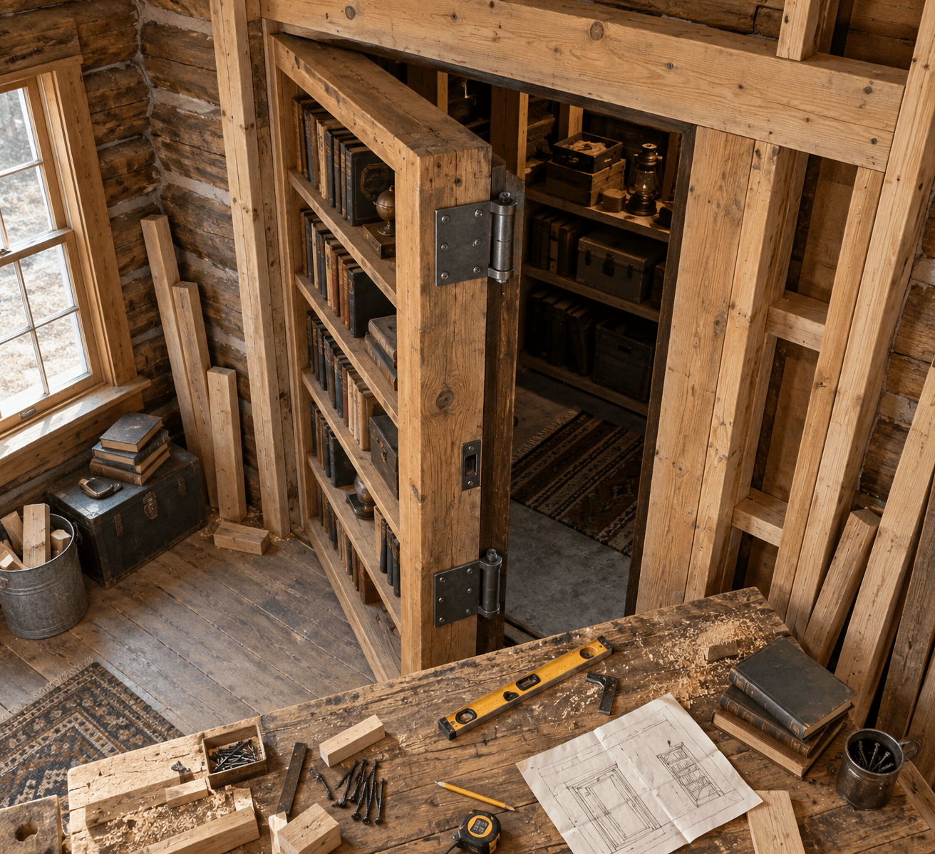 Overhead DIY workbench with an open hidden door bookcase, timber framing, steel hinges, tools, sawdust, and displaced books.