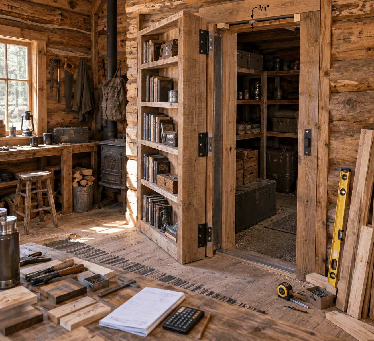 Open hidden door bookcase in an off-grid cabin reveals a storage room, hinges, framing, tools, lumber, and sawdust.