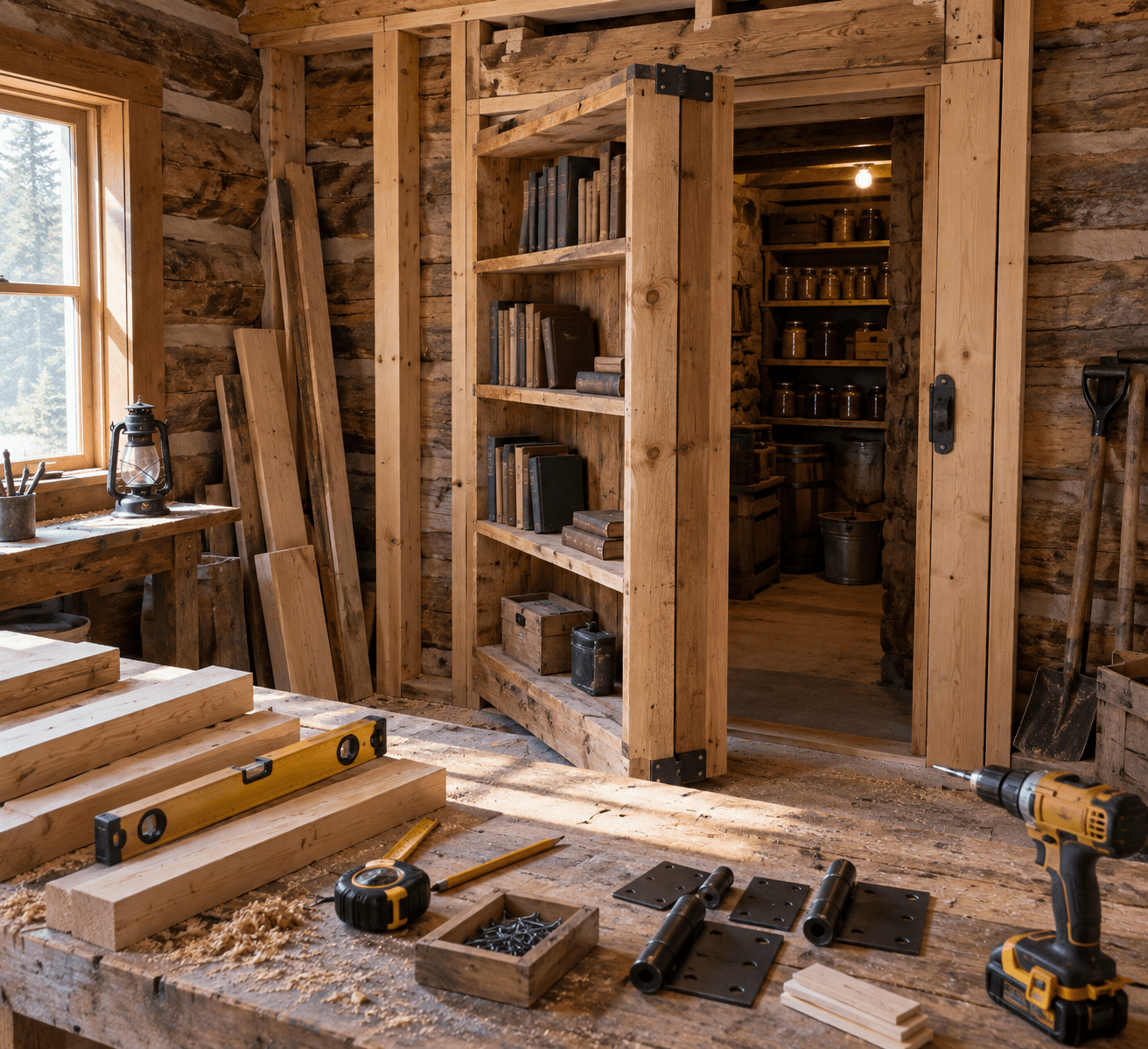 Off-grid cabin workshop with a hidden door bookcase beside exposed framing, tools and hardware on a sawdust-covered workbench.