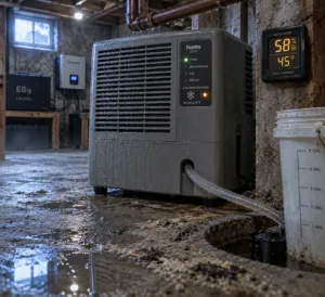 Basement dehumidifier reads 58% RH and 45u00b0F amid condensation, mildew, puddles, and damp concrete walls.