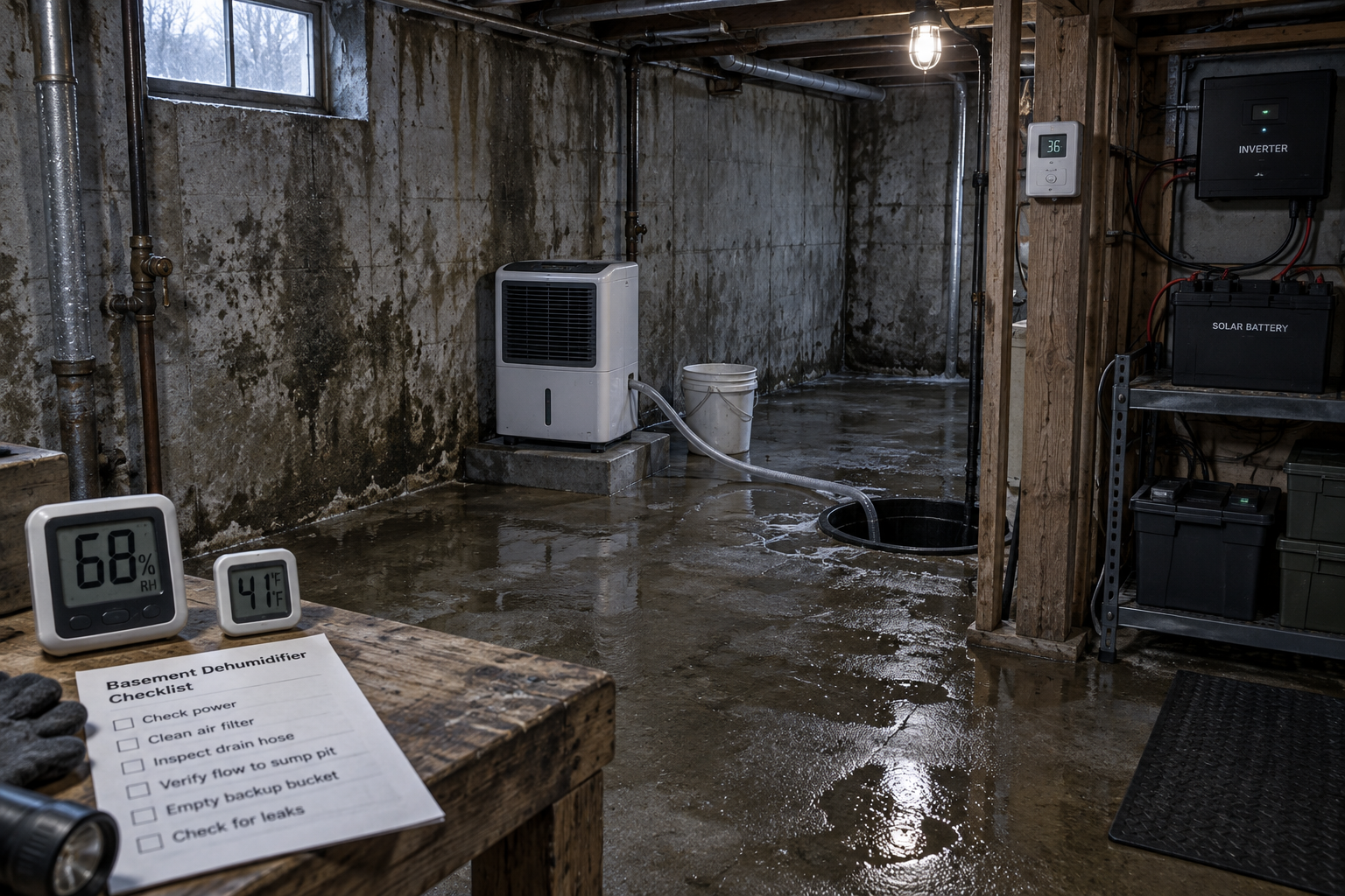 Basement dehumidifier drains into a sump in a damp off-grid cabin basement, with humidity meter, puddles, and stained walls.