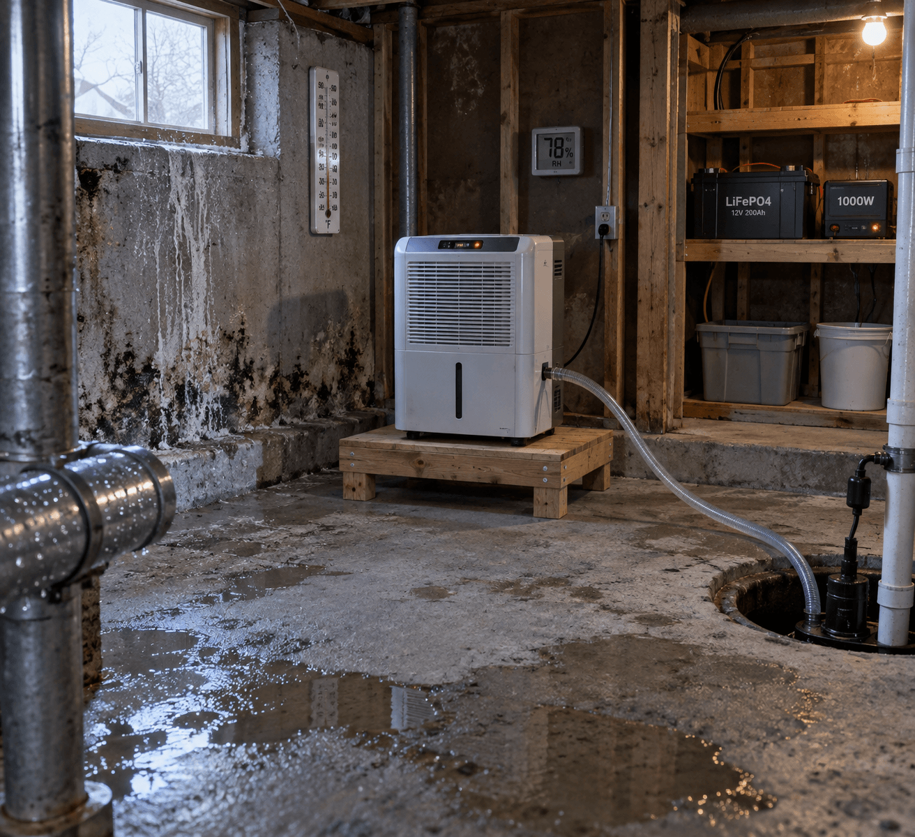 basement dehumidifier elevated near a damp wall, with sloped drain hose leading to a sump pit in a rustic cabin basement